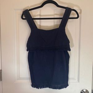 Jcrew cotton tiered fringe tank top with eyelet shoulders, navy blue, size XS